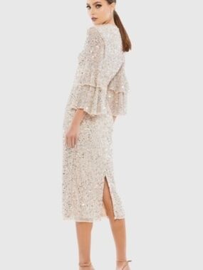 Mac Duggal Sequin Ivory Midi Dress with Tiered Ruffle Sleeves